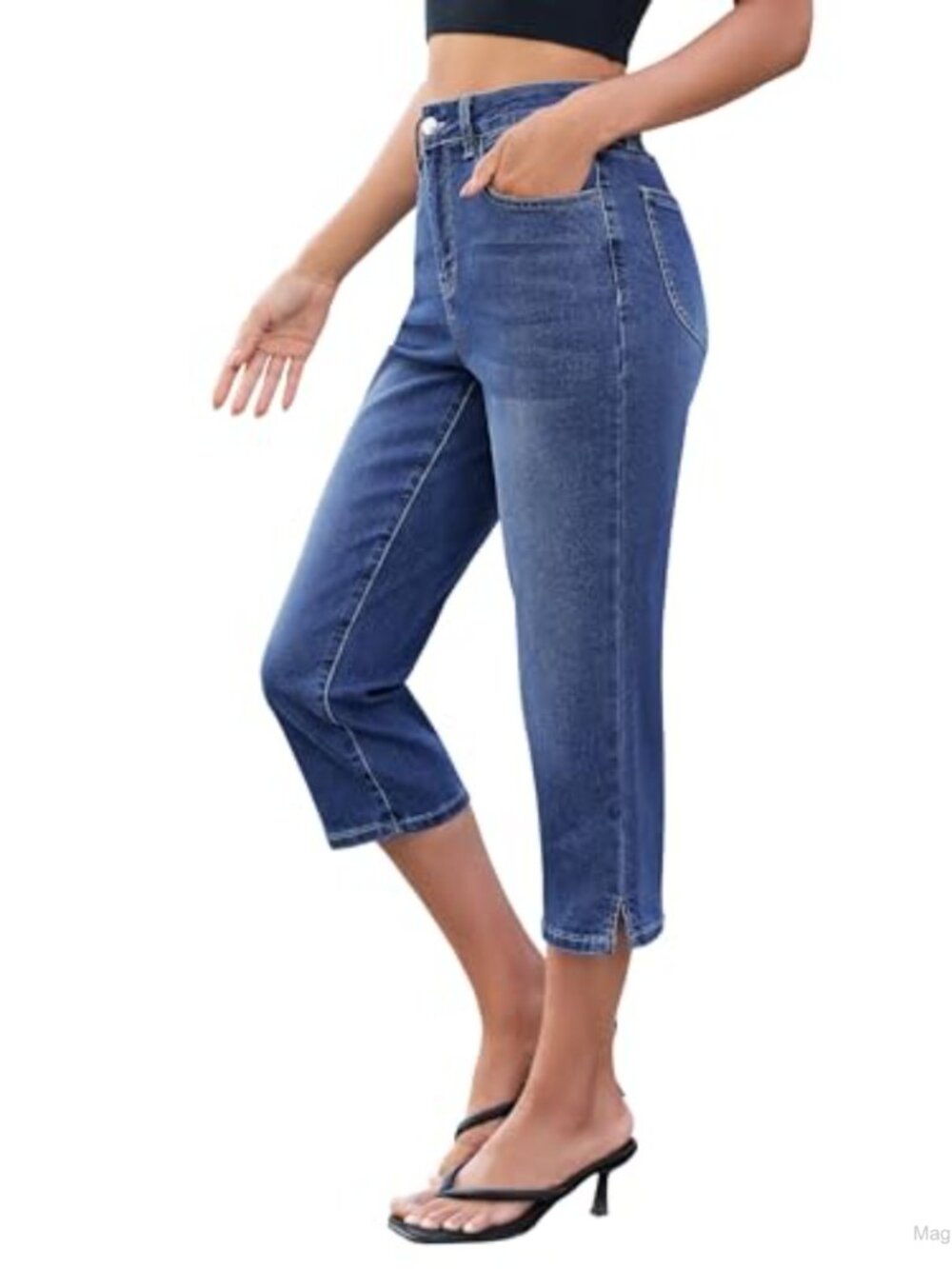 High Waisted Side Slit Capri Jeans Stretch Denim Straight Leg